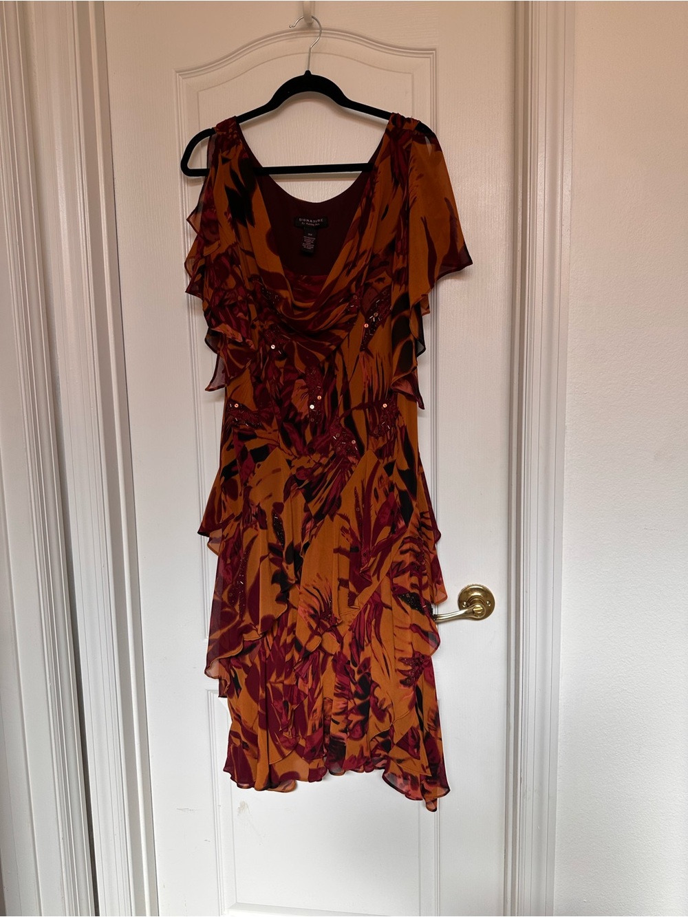 Signature by Robbie Bee Rust and Burgundy Floral Asymmetrical Ruffle Dress
